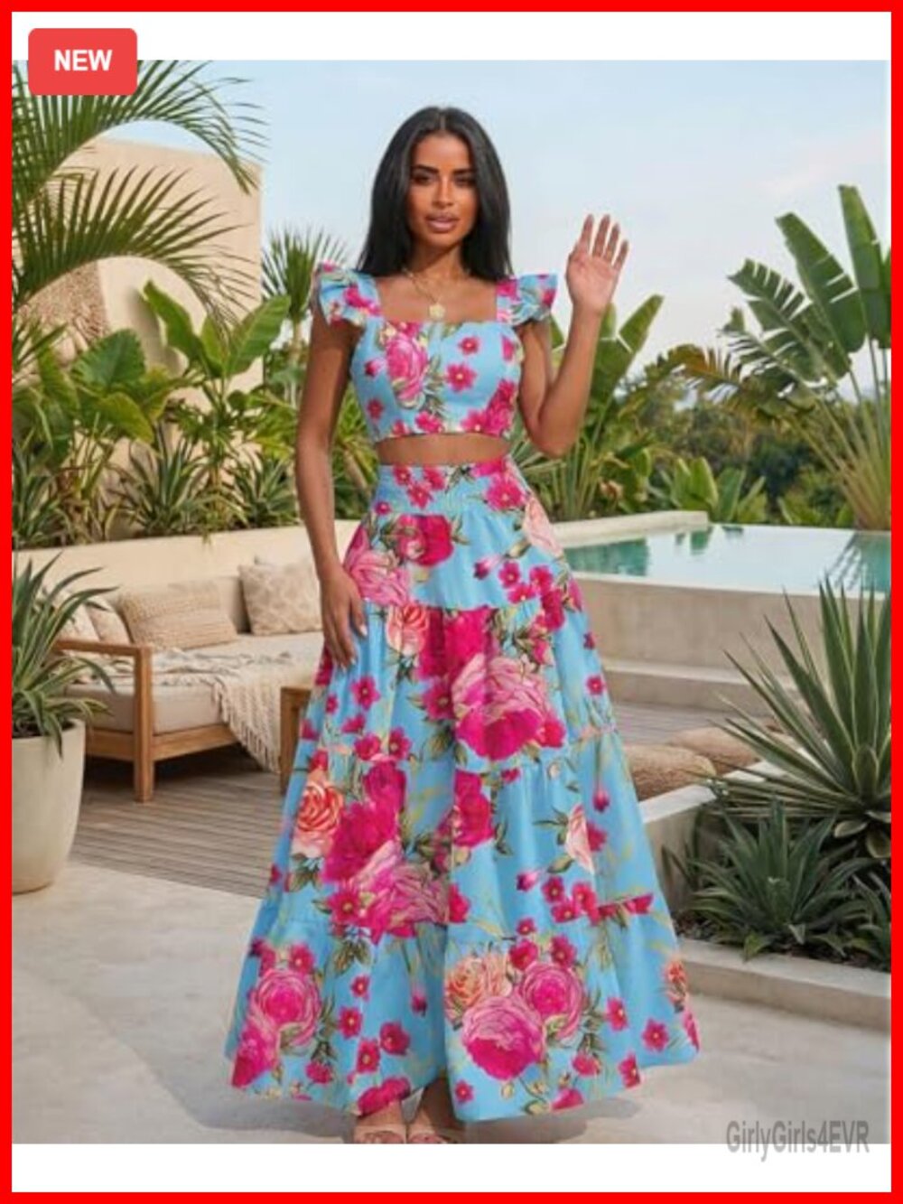 2 Piece Maxi Skirt Set Boho Floral Crop Top Summer Vacation Outfit - Picture 5 of 6